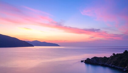 Fototapeta premium Serene coastal sunset with pastel hues reflecting on calm water, mountains in the distance
