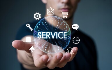 Man holding digital service globe with business icons hand