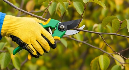 Person pruning tree branch with yellow gloves and green tool