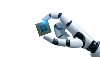 Robot hand gently holding a glowing microchip, symbol of artificial intelligence, isolated on transparent background