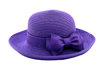 A deep purple straw sun hat with a wide brim and a matching bow
