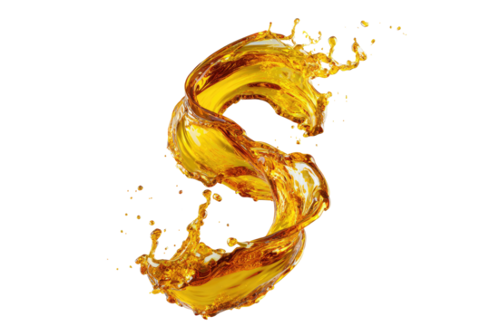 Gold liquid, in the shape of a letter "S", with dynamic splashes and droplets, against a black background