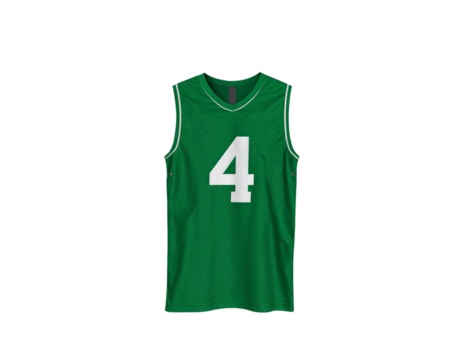 Dynamic Folded Green Basketball Jersey with Number 4 Angled Flat Lay Isolated on Transparent Background PNG - Powered by Adobe