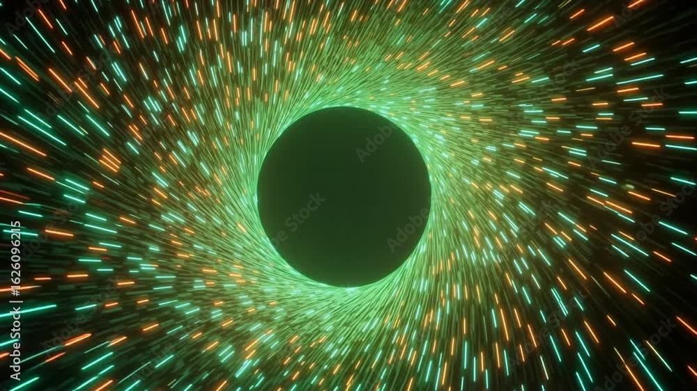 Poster dynamic digital vortex with glowing neon particles accelerating through a vibrant green tunnel.