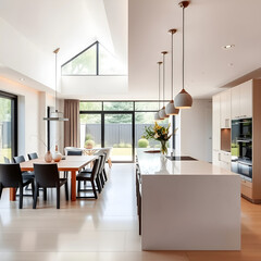 Fototapeta premium Beautiful shot of a modern house kitchen and dining room