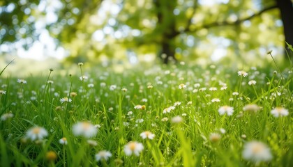 Fototapeta premium Sunlight illuminates a field of daisies in the meadow, as the natural beauty of a peaceful outdoor scene unfolds.