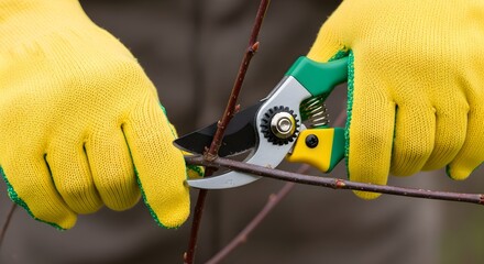 Pruning tree branches with gloves and pruning shears outside