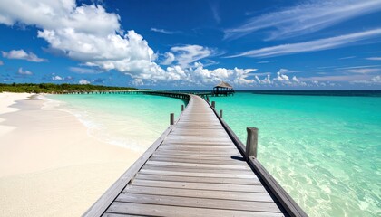 Obraz premium Wooden pier over turquoise water at tropical beach scene.