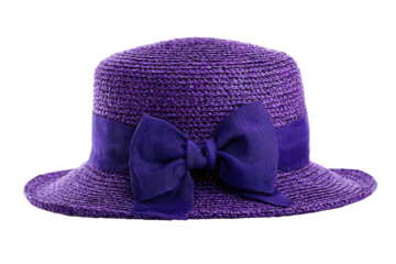 A deep purple straw hat with a wide, matching purple ribbon bow