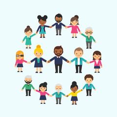 Diverse group of people of various ages and ethnicities holding hands in a circle, symbolizing unity and community.