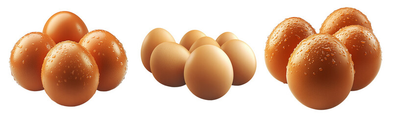 Fresh brown eggs covered in water droplets, isolated on white transparent background. Concept of natural, organic food and farm freshness