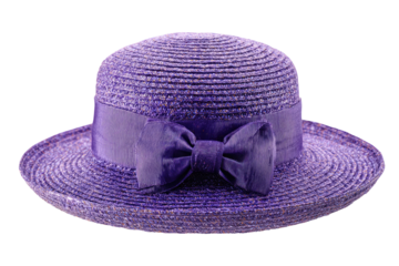 A vibrant purple straw hat with a satin ribbon bow