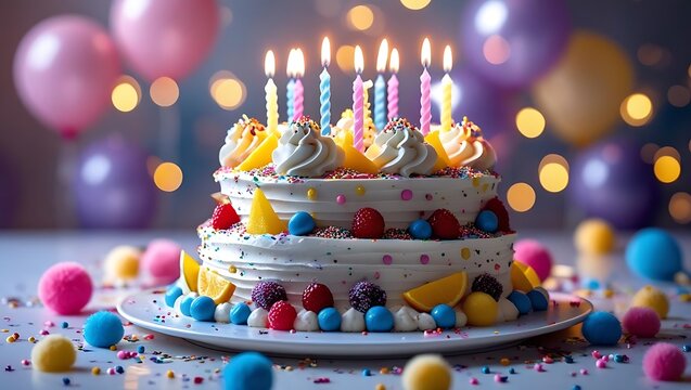 Two tier white birthday cake with lit candles and colorful decorations on a table with balloons celebration
