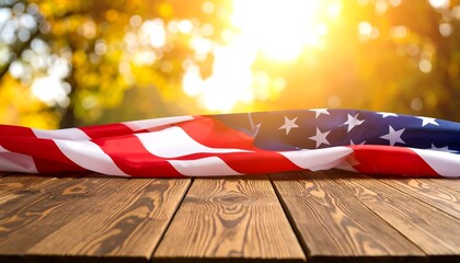 Rustic wooden surface with draped American flag, sunlit autumn bokeh background
