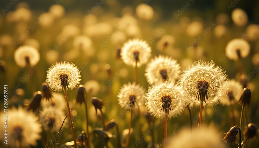 Poster field of dandelions catch the warmth of a setting sun, casting a golden glow across the delicate see
