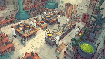 In a lively culinary space, talented chefs expertly prepare a variety of delicious meals amidst colorful ingredients and bustling energy.