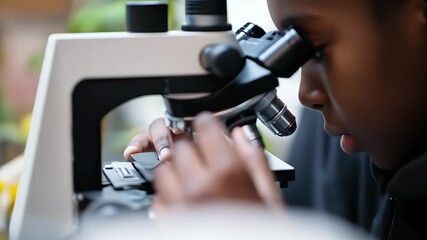 A focused child observing a slide through a microscope. - Powered by Adobe