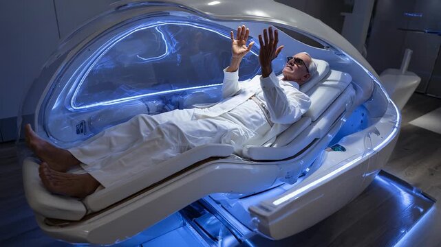 Experience a unique wellness journey as a man enjoys a futuristic relaxation chamber designed for rejuvenation and tranquility in a serene spa environment.