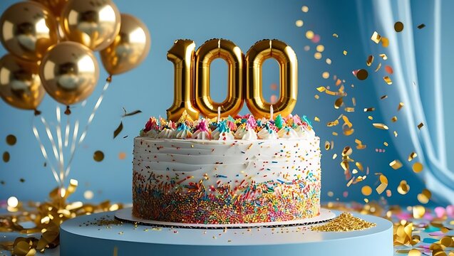 White birthday cake with colorful sprinkles and gold number 100 balloons and confetti celebration hundred