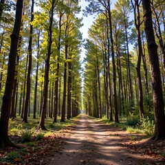Fototapeta premium A wide angle image featuring a path through a forests trees, the subject should be placed at the top of the image, surrounded by ivory tones