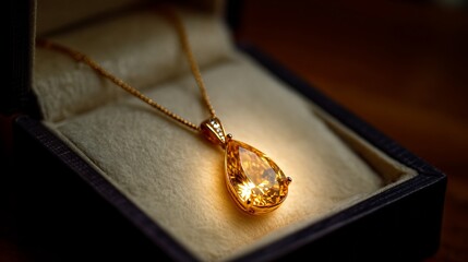 Fototapeta premium Golden teardrop pendant in a jewelry box