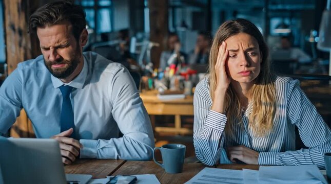Un homme et une femme luttent contre la maladie et l'&eacute;puisement professionnel dans un environnement de bureau stressant