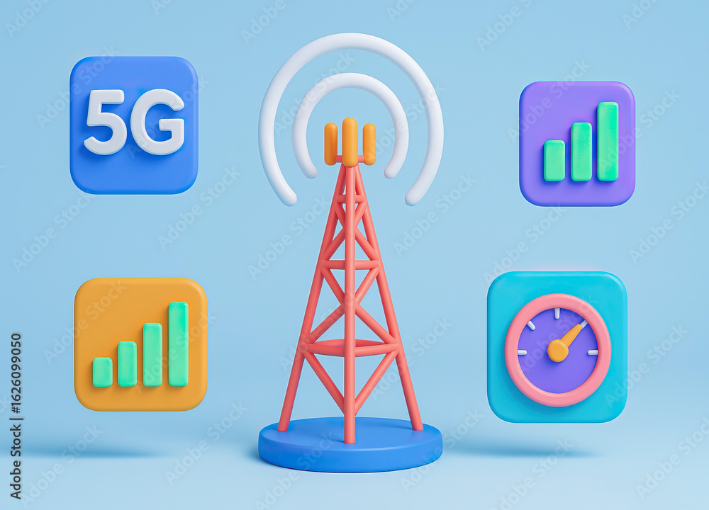 Poster 5g network tower with signal strength and speed icons in colorful 3d style on blue background, repre