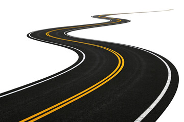 Curving asphalt road with double yellow lines isolated on transparent background