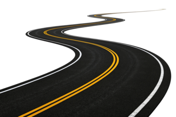 Curving asphalt road with double yellow lines isolated on transparent background