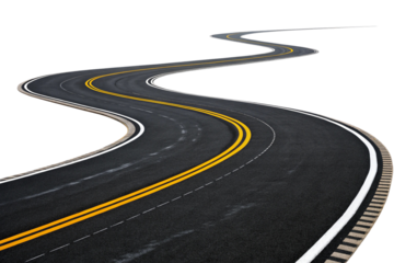 Winding asphalt road with lane markings isolated on transparent background