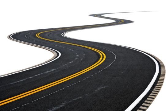 Winding asphalt road with lane markings isolated on transparent background