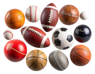  Floating Sports Balls Collection with Soft Shadows and Dynamic Perspective, Isolated on Transparent Background PNG