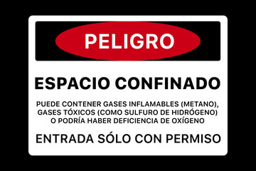 Fototapeta premium Confined Space Danger Sign in Spanish Language – Toxic Gas and Oxygen Deficiency Warning Label
