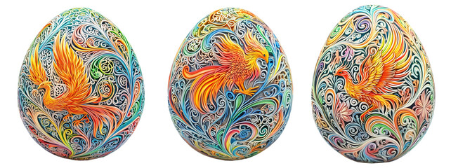 Decorative Easter egg with vibrant phoenix motif, featuring intricate swirling patterns in multiple colors isolated on white transparent background, symbolizing rebirth
