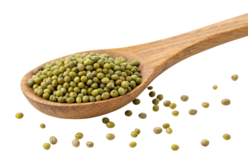 Wooden spoon filled with green mung beans isolated on transparent background