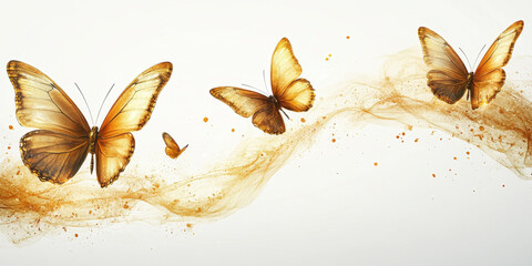 Golden Butterflies flying on a white background. Beautiful background for greeting card for Birthday, Wedding, Mother's day, Women's day, copy space
