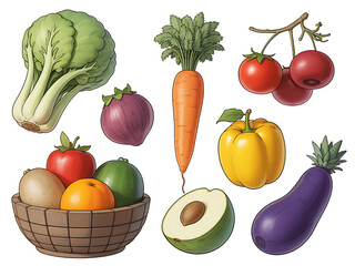 Colorful cartoon style fresh vegetables and fruits