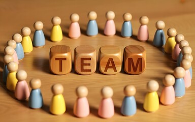 Naklejka premium Wooden figures encircle team word. unity, collaboration, and teamwork concept.