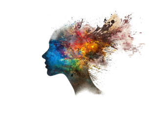 A creative silhouette of a woman's profile blended with vibrant color splashes, symbolizing art and imagination.