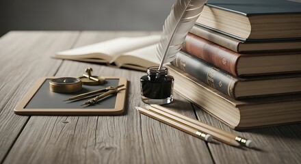 Still life of books inkwell feather compass pencils and slate on a wooden surface in soft lighting
