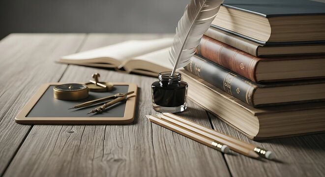 Still life of books inkwell feather compass pencils and slate on a wooden surface in soft lighting