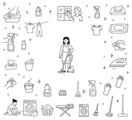 Cleaning and hygiene icons. Large set of cleaning and hygiene trendy minimal icons. Gloves, Spray Bottle, Sponge, Mop icon. Design signs for web page, mobile app, packaging design. Vector illustration