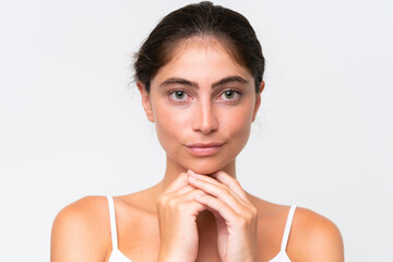 Young Pretty caucasian woman isolated on white background . Portrait