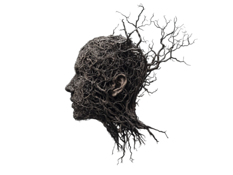 An intricate sculpture of a head made of twisting tree roots, symbolizing the connection between nature and humanity.