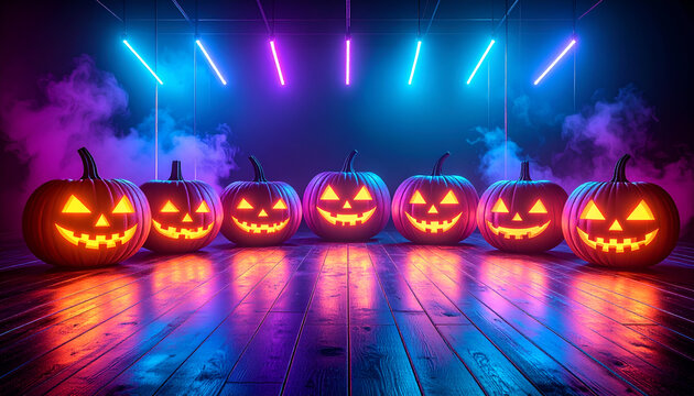 An abstract and stylish background with a row of pumpkins and beautiful neon light reflections on a polished wooden floor. The composition combines natural and modern elements.