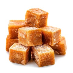 Frozen caramel squares stacked on white background