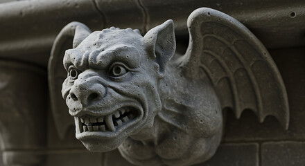 Stone gargoyle with fierce expression and wings