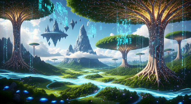 Futuristic Digital Nature Landscape with Glowing Trees and Floating Islands