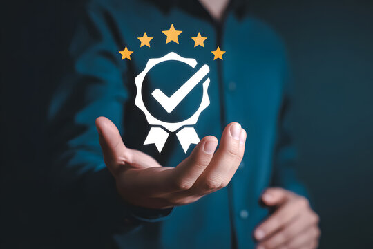 Quality Assurance and Assurance: A person's open palm cradles an emblem representing guarantee, reliability, and excellence, emphasized by shining stars.