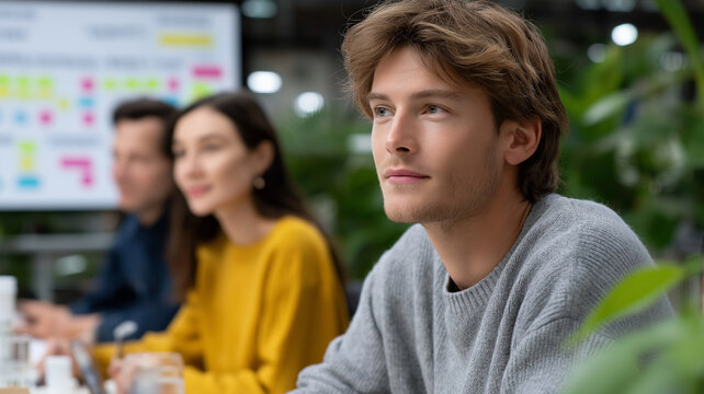 Creative business collaboration in stylish office, young professionals discussing product launch strategy, technology devices and charts on table, indoor plants, no faces visible,startup team meeting, - Powered by Adobe